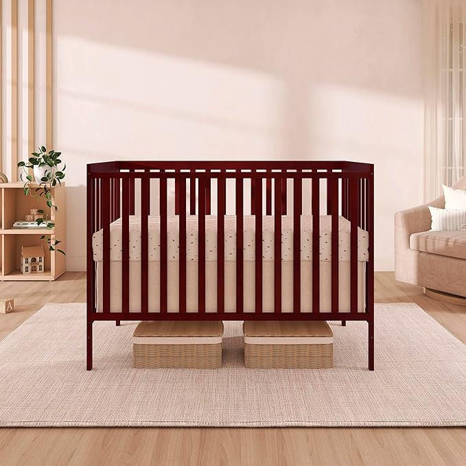Dream On Me Synergy 5-in-1 Convertible Full-Size Baby Crib with Toddler, Day & Full Bed Conversion in Cherry, GreenGuard Gold & JPMA, 3 Mattress Heights, Sustainable Pinewood