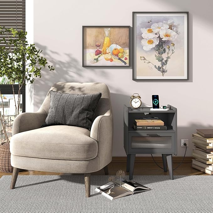Nightstand with Charging Station, Bedside Tables Grey End Table Side Table with 2 Tiers Storage Space, for Bedroom Living Room CAMLBZ07ZE