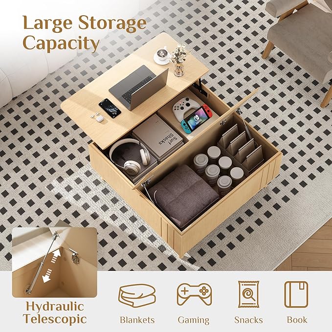 36.2" Lift Top Coffee Table with Storage, Large Square Coffee Tables with Hidden Compartment, Mid Century Modern Center Table for Home Office,Living Room,Oak