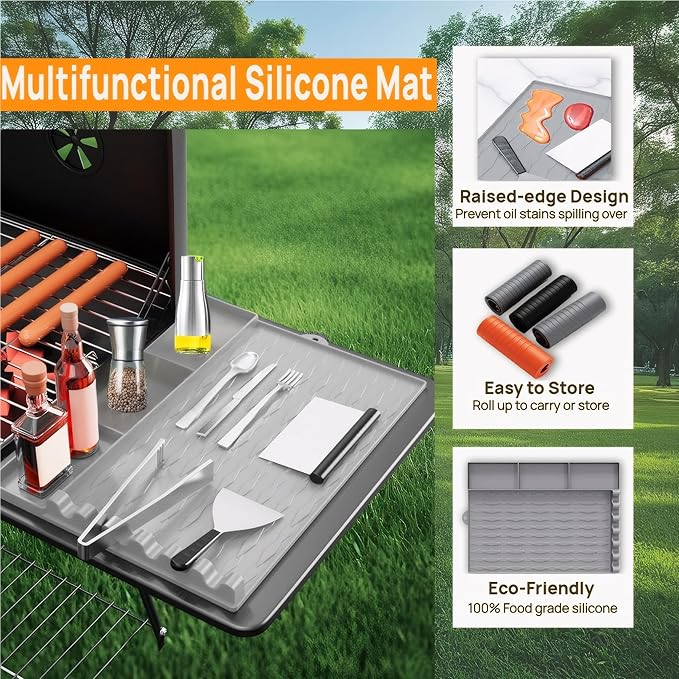 Blackstone Griddle Accessories, Silicone Grill Mat for Blackstone - Non-Slip BBQ Side Shelf Organizer with Drip Tray, Large Universal Griddle Seasoning for Outdoor/Kitchen Countertop(Gray)