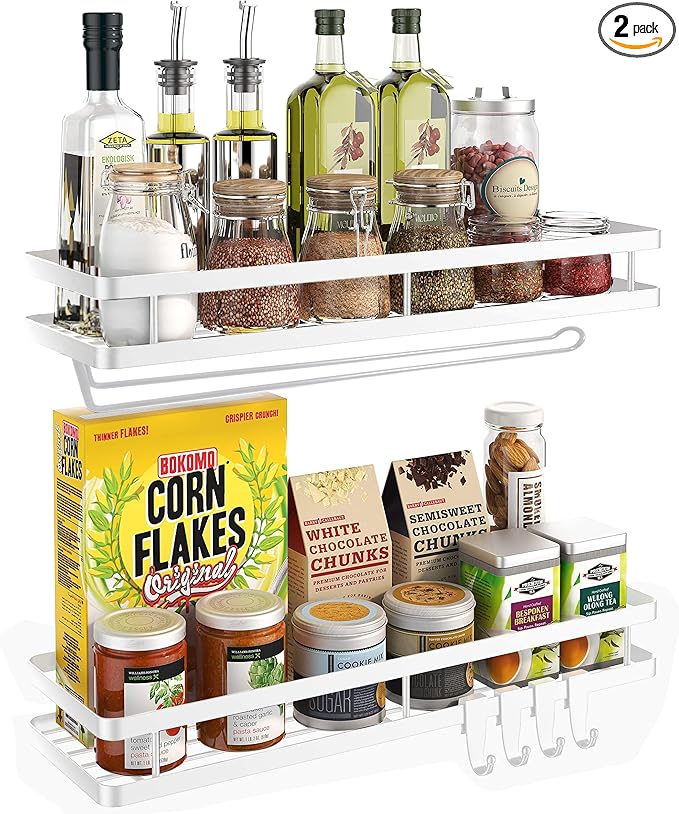 Spice Rack Organizer Wall Mount - 15.7in 2Pack [Upgraded Version] Hanging Seasoning Organizer Shelf with Paper Towel Holder, Storage for Cabinet or Wall Mounted with 4 Strong Hooks (Rice white)