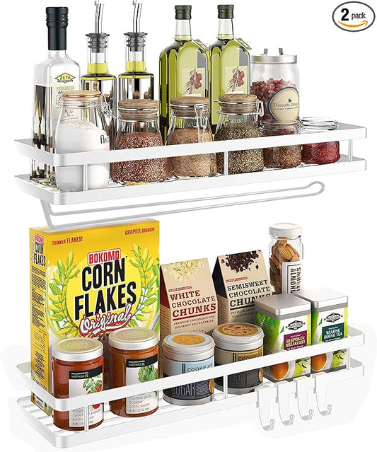 Spice Rack Organizer Wall Mount - 15.7in 2Pack [Upgraded Version] Hanging Seasoning Organizer Shelf with Paper Towel Holder, Storage for Cabinet or Wall Mounted with 4 Strong Hooks (Rice white)