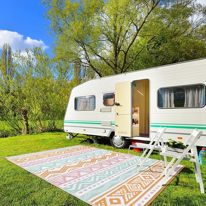 Lahome Waterproof Outdoor Rug 6x9, Reversible Outdoor Plastic Straw Rug for Camping, Large RV Outdoor Patio Rug, Outdoor Rugs Carpet for Porch Deck Backyard Balcony Picnic(Pink/Orange,6'x 9')