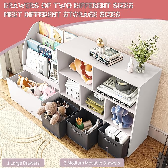 Kids Bookshelf and Toy Storage, Toy Storage Organizers with Movable Drawers & 3 Storage Bins, Kids Reading Nook Toy Organizers Shelf with 5 Cubbies, White
