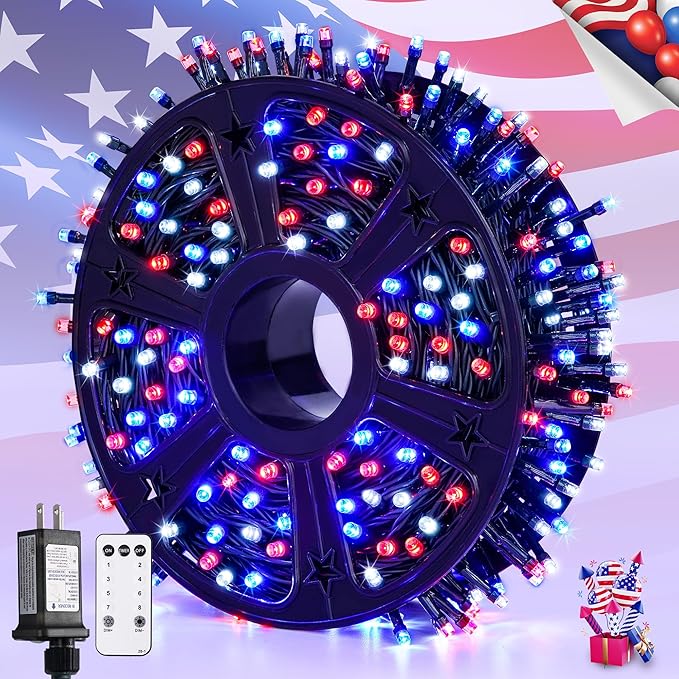 JMEXSUSS 400 LED Red White and Blue Lights Plug in, 4th of July Decorations Patriotic Lights Outdoor for American Holiday Tree Party Independence Memorial Day Decor