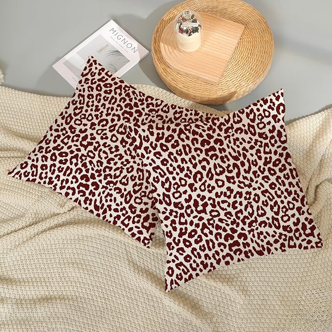 Leopard Print Pillow Covers 18x18 Pack of 2 Burgundy Red Animal Pattern Cheetah Decorative Throw Pillow Cover Outdoor Decor Boho Abstract Modern Pillowcase Farmhouse Cushion Case for Home Sofa