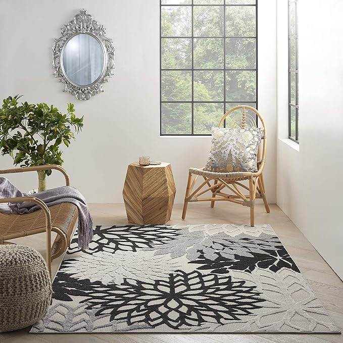 Nourison Aloha Indoor/Outdoor Black White 5'3" x 7'5" Area Rug, Tropical, Botanical, Easy Cleaning, Non Shedding, Bed Room, Living Room, Dining Room, Deck, Backyard, Patio (5x7)