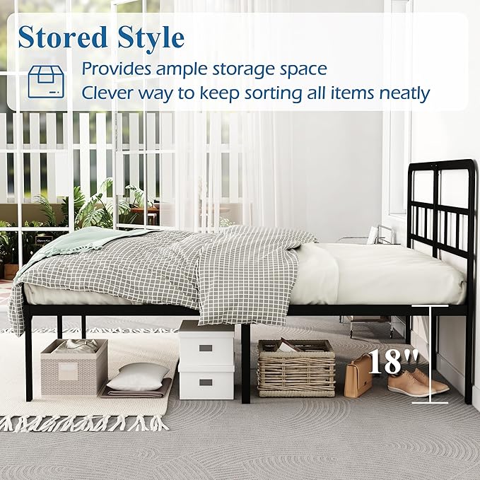 18 Inch Full Size Bed Frame with Headboard No Box Spring Needed, Heavy Duty Metal Platform with Steel Slat, Mattress Foundation, Easy Assembly, Noise Free, Black