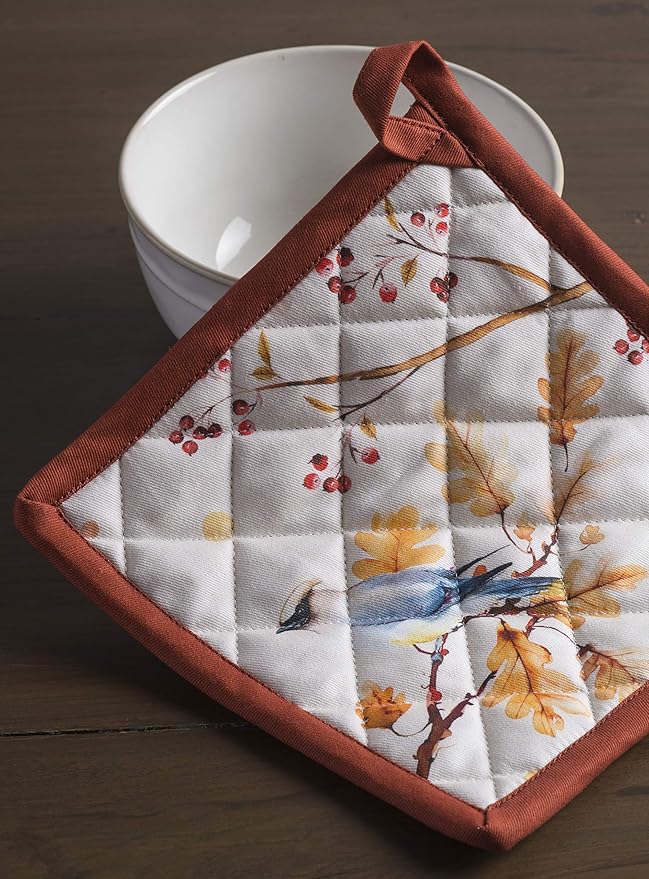 Maison d' Hermine 100% Cotton Oven Mitt & Pot Holder Set (7.5"x13" & 8"x8") Heat Resistant BBQ Cooking Gloves with Loop for Thanksgiving Christmas Decorations Handling Hot Pans (Oak Leaves)