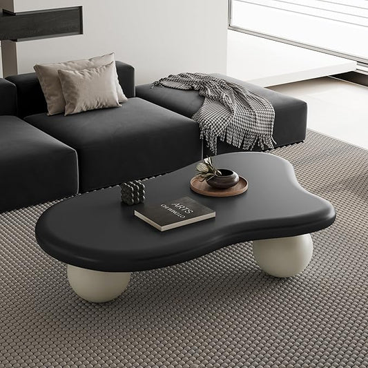 47 Inch Cloud Shaped Coffee Table with 3 Ball Legs for Living Room Black Top White Legs