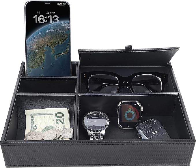 Zcaukya Men's Valet Tray, Jewelry Box Nightstand Organizer with 5 Compartments for Phone Keys Wallet Watch Glasses, Faux Leather Dresser Entryway Catchall Holder for Father's Day Gift (Black)