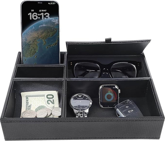 Zcaukya Men's Valet Tray, Jewelry Box Nightstand Organizer with 5 Compartments for Phone Keys Wallet Watch Glasses, Faux Leather Dresser Entryway Catchall Holder for Father's Day Gift (Black)