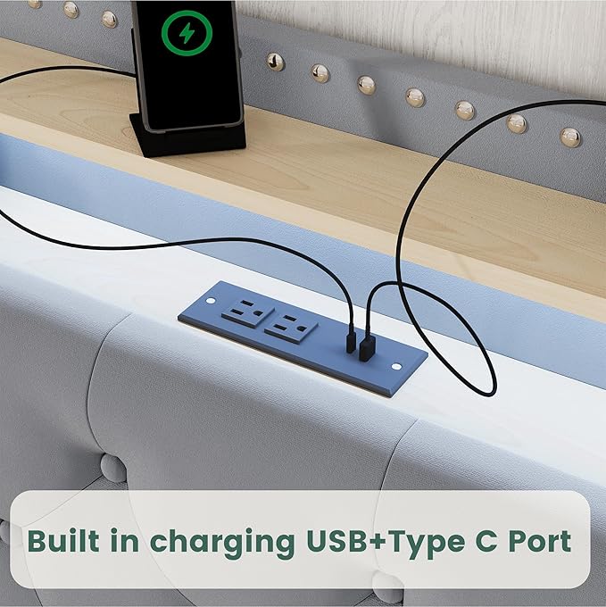 LARMACE King Size Bed Frame Velvet Upholstered LED Tufted King Platform Bed and Headboard with 4 Storage Drawers&USB Type-C Charging Station,No Box Spring Need/Noise Free,Easy Assembly,Bluish Grey