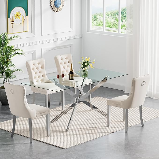 60.6'' Tempered Glass Dining Table for 4-6 People, Rectangle Kitchen Table with X-Base Metal Legs, Adjustable Feet, Glass Top Desk for Home Office Silver Dining Room Table for 6