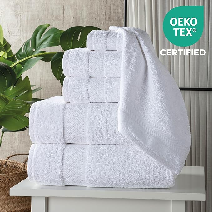 TEXTILOM 100% Turkish Cotton 6 Pcs Bath Towel Set, Luxury Bath Towels for Bathroom, Soft & Absorbent Bathroom Towels Set (2 Bathtowels, 2 Hand Towels, 2 Washcloths)- White