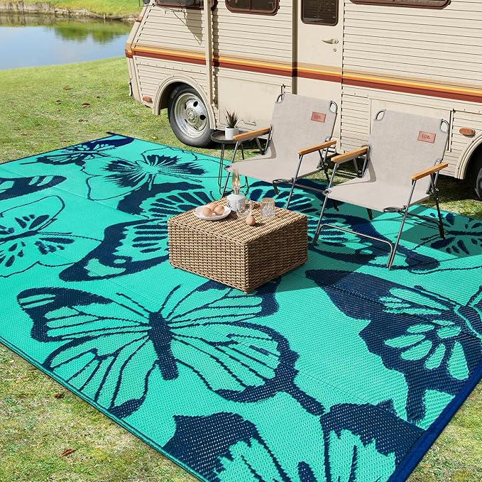 Beeiva Butterfly Outdoor Rug 8x10 Patio Waterproof, 8x10 Reversible Plastic Outdoor Rugs for Patio, Lightweight & Easy Clean Mat for Pool, Balcony, Backyard, Camping, Deck - Teal