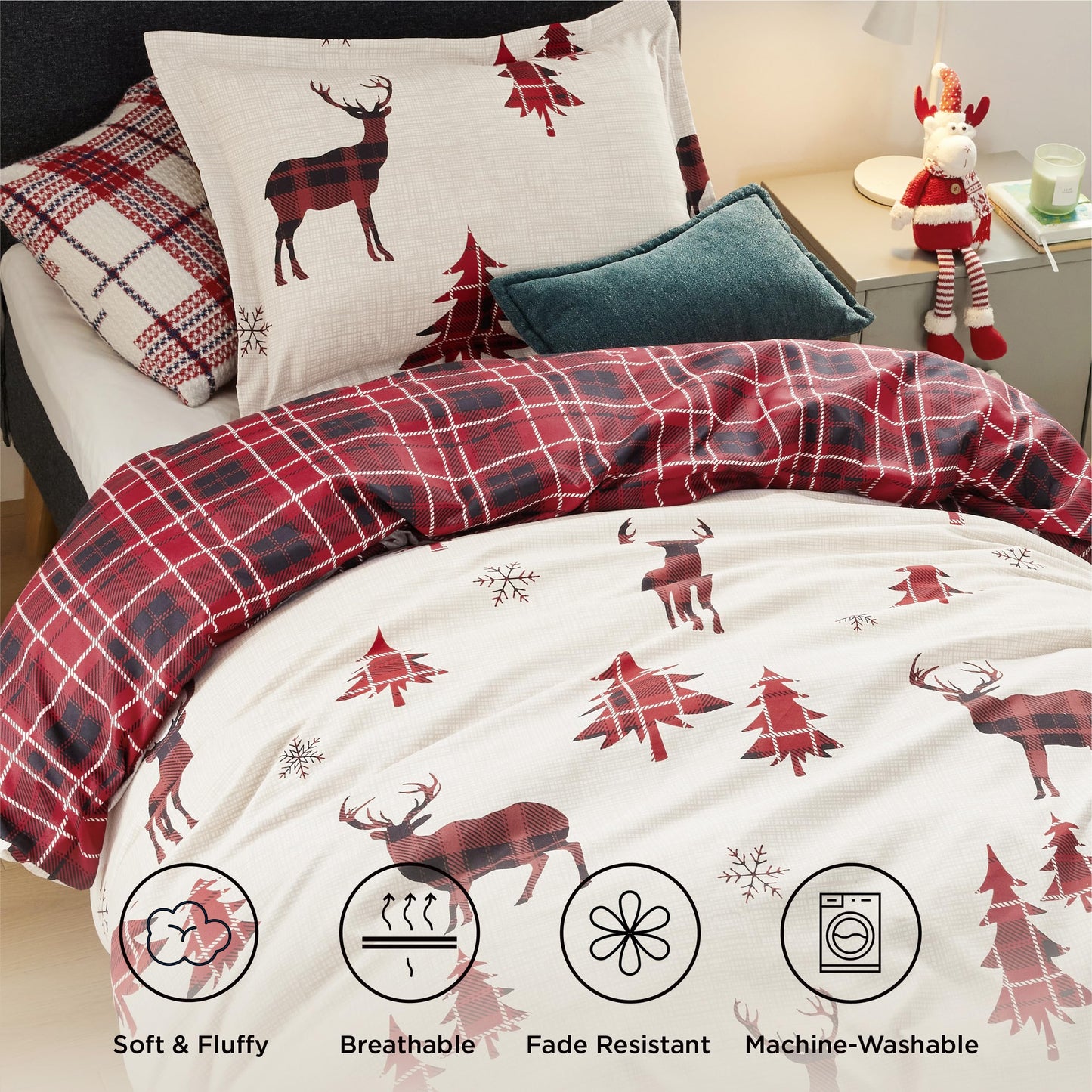 Bedsure Twin Size Christmas Duvet Cover Set - Festive Kids Bedding Set with a Reversible Buffalo Check Christmas Plaid Design, Includes 1 Duvet Cover and 1 Pillow Sham (Twin, Reindeer)