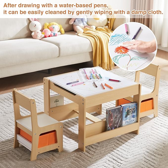 Kids Table and Chair Set, 4 in 1 Wooden Activity Table with Bookshelves and Storage Drawer, 2 in 1 Detachable Tabletop Construction Play Table Set for Drawing, Reading, Build Blocks