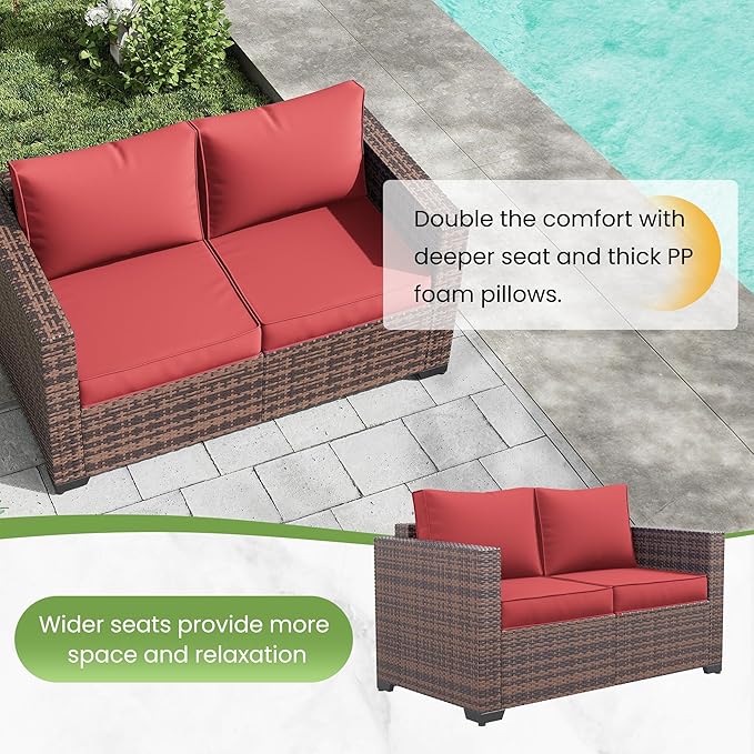 Amopatio Patio Loveseat, Outdoor Furniture 2-Seat Wicker Porch Furniture Outdoor Couch Sofa with Water-Resistant Cover & Non-Slip Cushions, Premium Patio Set,Burgundy