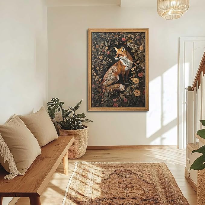 Framed 3D Textured Vintage Wall Art - Dark Academia Decor Hand Drawn Sandstone Fox Paintings with Botanical Florals, Aesthetic Wall Decor for Living Room Bedroom Home 24x36 inch