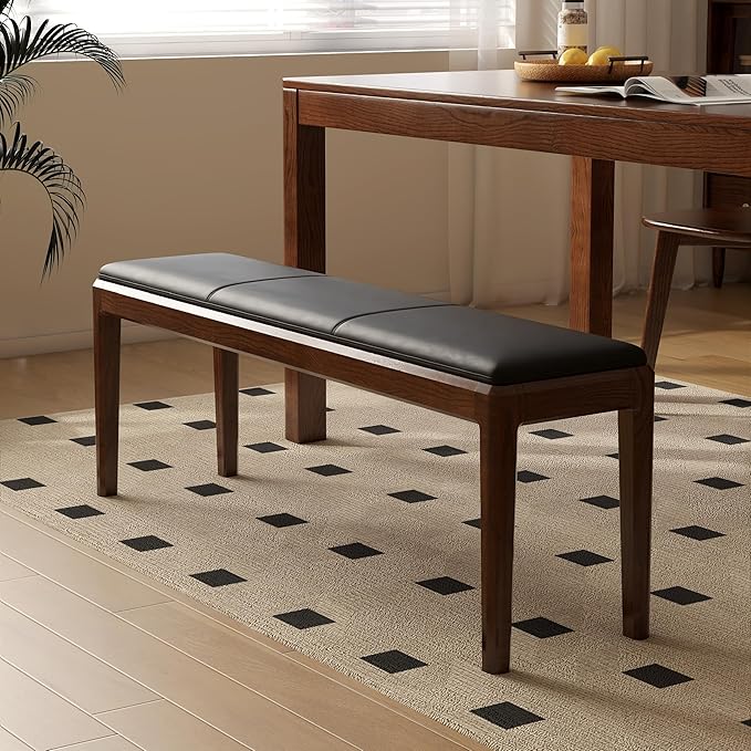 47.2'' Leather Upholstered Dining Bench with 100% Solid Oak Wood Bench Frame, 13.8'' Widened Padded Bed End Bench Ottoman for Kitchen Living Room Bedroom Entryway, Black