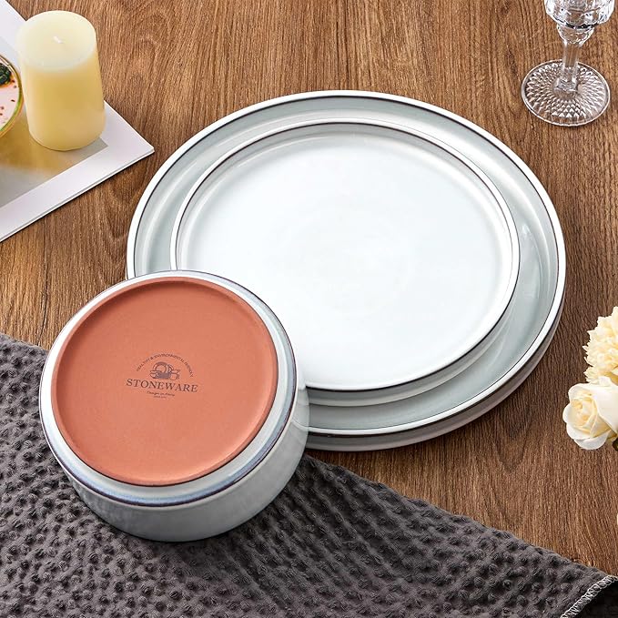 LIANYU Stoneware Dinnerware Dishes Sets for 4, 12 Piece Ceramic Plates and Bowls Dishware Set for Pasta Dessert Cereal, Rustic Terracotta Bottom, Microwave & Dishwasher Safe, Lucent White