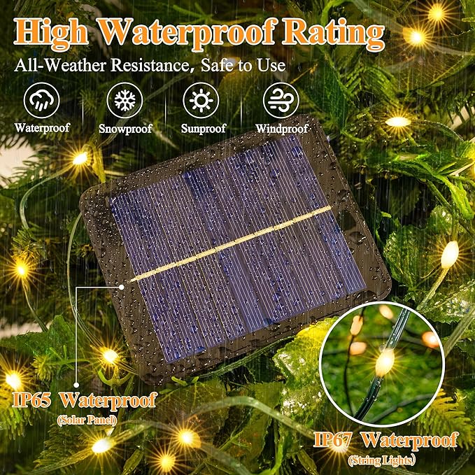 2 Pack Solar String Lights Total 480LED 158FT, IP67 Waterproof String Lights for Outside with 8 Modes, Upgraded Solar Panel Fairy Lights for Garden Party Wedding Decorations (Warm White)