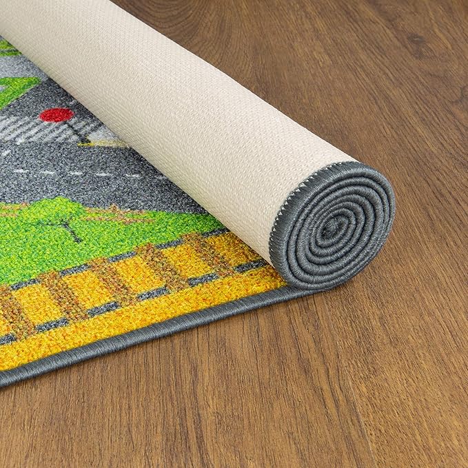 KC Cubs 8x10 Country Farm Construction Car Road Street Rug – Educational Carpet Play Mat for Kids, Toddlers Nursery, Classroom, Playroom, Baby Daycare