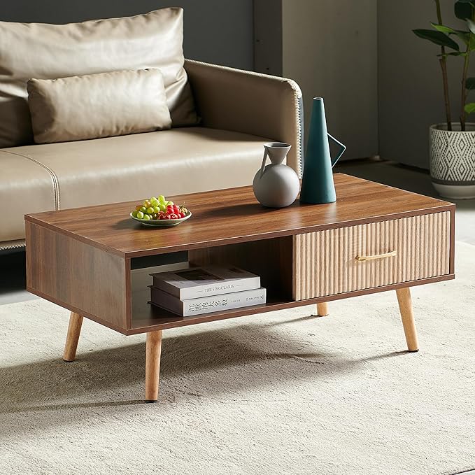 Mid Century Wooden Coffee Table with Stripe Drawer，Modern 41" Large Center Table with Storage，Rectangular Walnut Wood Coffee Tables for Living Room, 2-Tier Cocktail Table, Solid Wood Legs