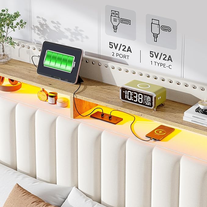 EnHomee King Size Bed Frame with 2 Storage Drawers, Upholstered Platform Bed with LED Lights and Charging Station, Sturdy Wooden Slats Support, No Box Spring Needed, Noise Free, Beige