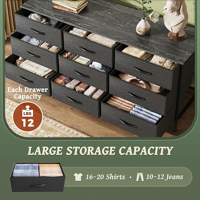 Huuger 9 Drawer Dresser, 47 Inch Dresser TV Stand for 50, 55 Inch TV, Entertainment Center with Drawers, Fabric Chest of Drawer for Bedroom, Closet, Black