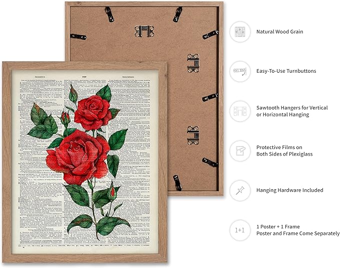 Poster Master Dictionary Art Poster - Red Roses Print - Flower Art - Floral Art - Gift for Men, Women & Florist - Minimal Decor for Living Room, Bedroom, Dorm or Flower Shop, 11x14 Beige Framed