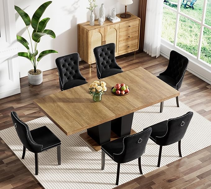Goujxcy 7-Piece Extendable Dining Table Set for 6-8 People 63-78 Inch Kitchen Table Set with 6 Velvet Upholstered Chairs Farmhouse Rectangular Dining Room Table Set for Kitchen Dining Room Apartment