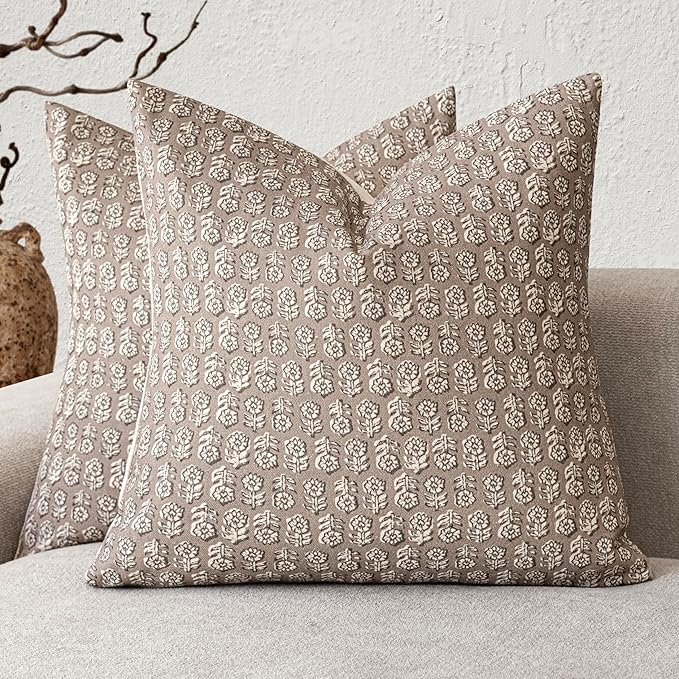 Foindtower Set of 2 Decorative Vintage Floral Print Throw Pillow Covers Neutral Modern Farmhouse Cushion Covers Boho Home Decor for Sofa Couch Chair Bedroom Living Room Outdoor,24×24 Inch,Tan Taupe