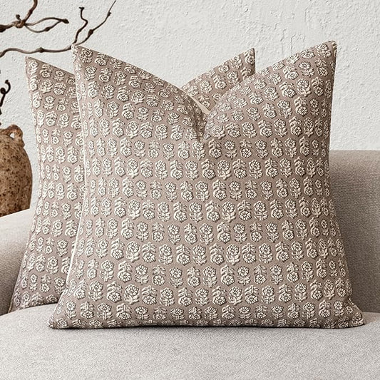 Foindtower Set of 2 Decorative Vintage Floral Print Throw Pillow Covers Neutral Modern Farmhouse Cushion Covers Boho Home Decor for Sofa Couch Chair Bedroom Living Room Outdoor,24×24 Inch,Tan Taupe