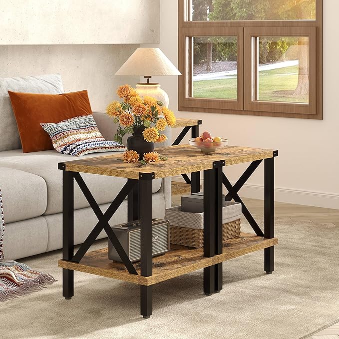 Large End Table Farmhouse Side Table Industrial Style Sofa Table Coffee Table Metal X Accent Wood End Table NightStand with Storage Shelf for Living Room Bedroom MLBZ16R