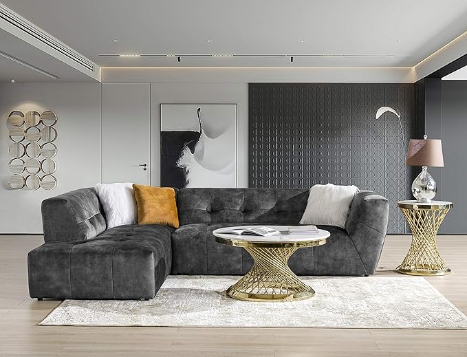 Acanva Luxury Mid-Century Velvet Tufted Low Back Sofa Set L-Shape 2-Piece Living Room Couch, 113"W Left Hand Facing Sectional, Grey