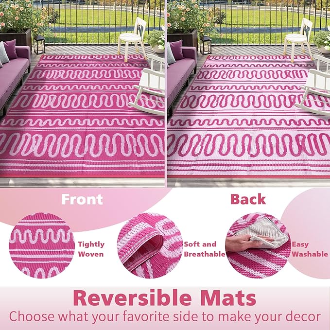 Beeiva Outdoor Waterproof Rug 8x10, Plastic Reversible Outdoor Camping Rug, Pink Patio Rug for Deck, Balcony, Backyard, Porch, Camping, Picnic - Pink