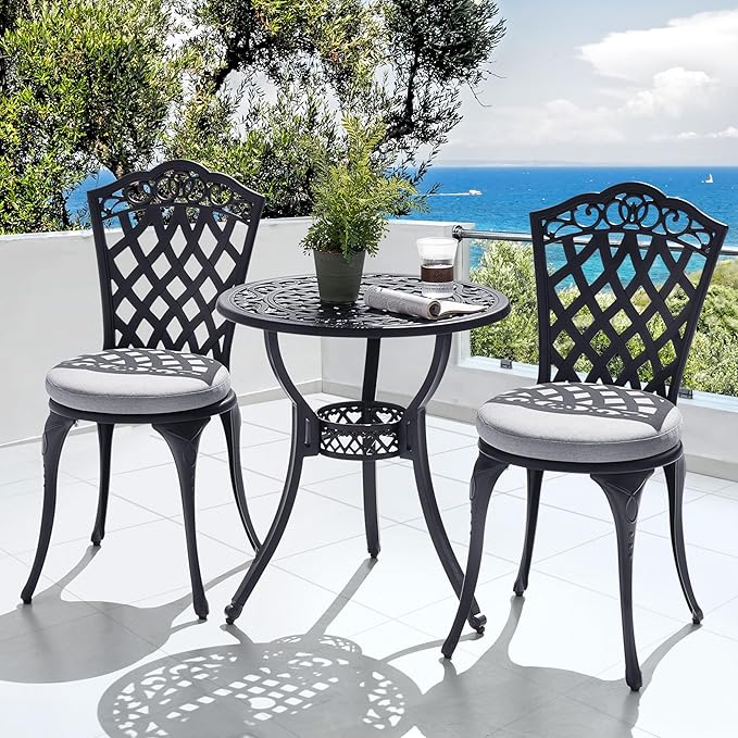 NUU GARDEN Outdoor Cast Aluminum Bistro Set, 3-Piece Patio Bistro Set with Table and 2 Chairs, Weather-Resistant Furniture with Gray Cushions and Umbrella Hole for Balcony, Garden, Lawn, Black