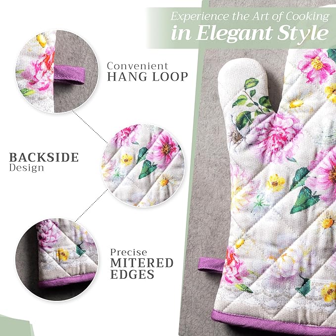 Maison d' Hermine 100% Cotton Oven Mitt & Pot Holder Set (7.5"x13" & 8"x8") Heat Resistant BBQ Cooking Gloves with Loop, Baking, Grilling, Kitchen, Handling Hot Pans Spring/Summer (Pivoine)
