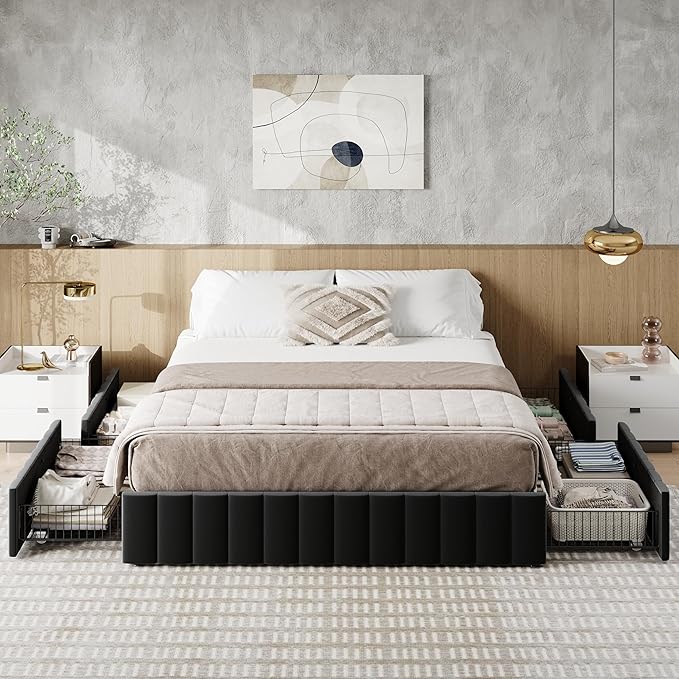 Allewie Full Size Platform Bed Frame with 4 Large Storage Drawers, Velvet Vertical Channel Tufted Upholstered Bed Base, Wooden Slats Support, Noise-Free, No Box Spring Needed, Easy Assembly, Black