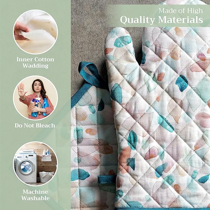 Maison d' Hermine 100% Cotton Oven Mitt & Pot Holder Set (7.5"x13" & 8"x8") Heat Resistant BBQ Cooking Gloves with Loop, Baking, Grilling, Kitchen, Handling Hot Pans Spring/Summer (Summer Picnic)