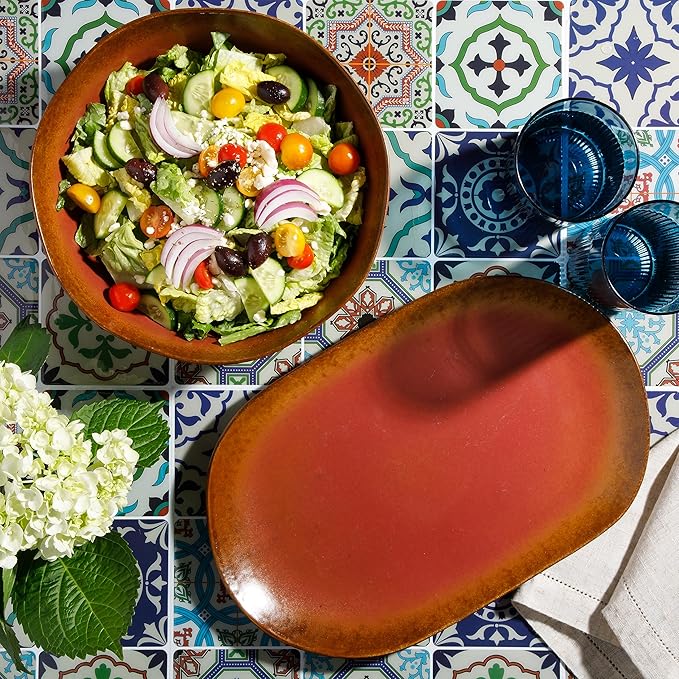 Bloomhouse Palermo Sun 2 Piece Serving Bowl and Oval Platter Stoneware Reactive Glaze Serveware Set - Paprika Red