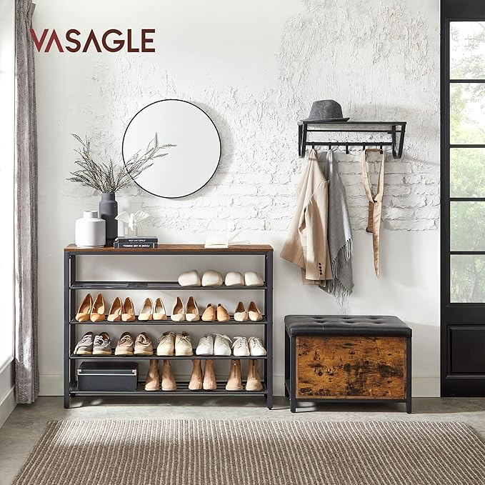 VASAGLE 5 Tier Shoe Rack for Closet, Entryway, 20-25 Pairs of Shoes, Large Shoe Organizer with 4 Metal Mesh Shelves, 11.8 x 47.2 x 36.4 Inches, Rustic Brown and Black ULBS205B01