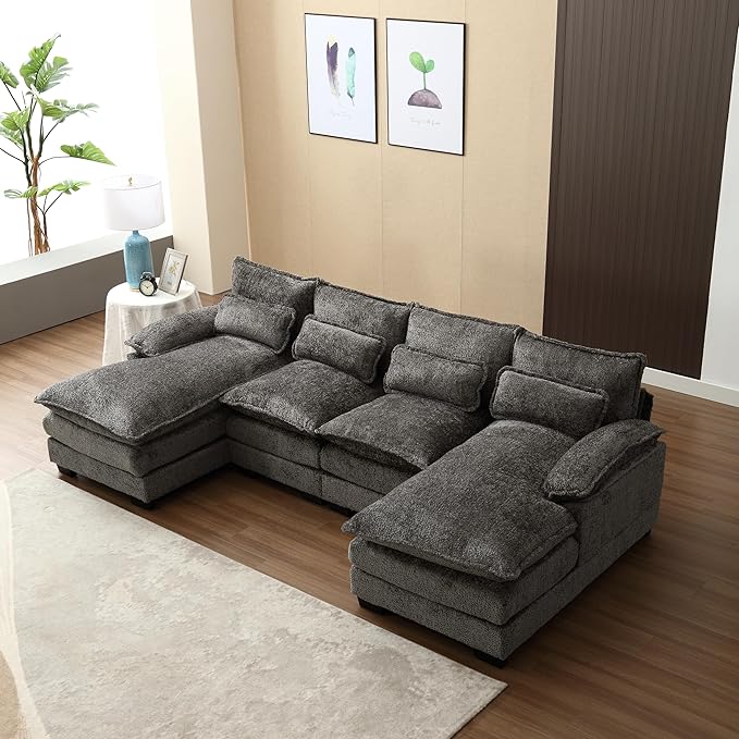 KEIKI 111" L-Shaped Chenille Modular Sectional Chenille Sofa with 2 Chaise Lounge & Memory Foam Cushion, Upholstered Modern Oversized 4-Seater Couch, Easy Assembly, for Apartment, Living Room, Gray