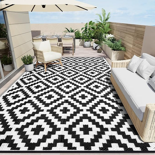 OLANLY Waterproof Outdoor Rug 9x12 ft, Outdoor Plastic Straw Rug for Camping, RV Mat Outside, Indoor Outdoor Carpet for Porch, Deck, Backyard, Balcony, Picnic, Black & White