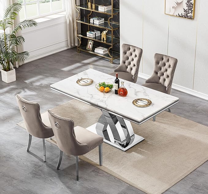 Goujxcy 5-Piece Dining Table Set Modern Faux Marble Dining Table Set for 4, Luxury 68" Long Faux Marble Kitchen Table with 4 Velvet Upholstered Chairs, Mirrored Stainless Steel Base