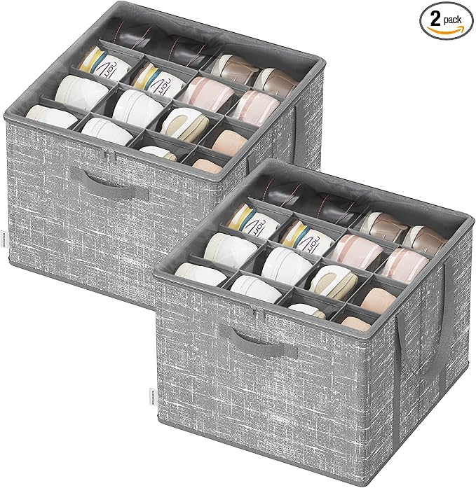 SONGMICS Set of 2 Shoe Organizers for Closet, Fits 16 Pairs Each, Shoe Storage Bins, Fabric Containers with Handles and Clear Cover, for Bedroom, Entryway, Closet, Cattail Gray ULSP602G01