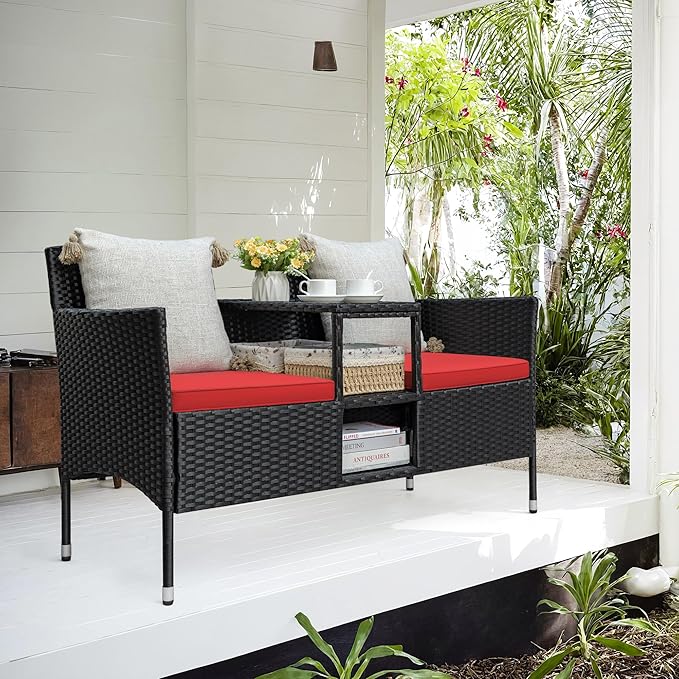Greesum Patio Loveseat Outdoor Wicker Furniture Conversation Set with Soft Cushions & Built-in Coffee Table for Lawn Garden Backyard, Red