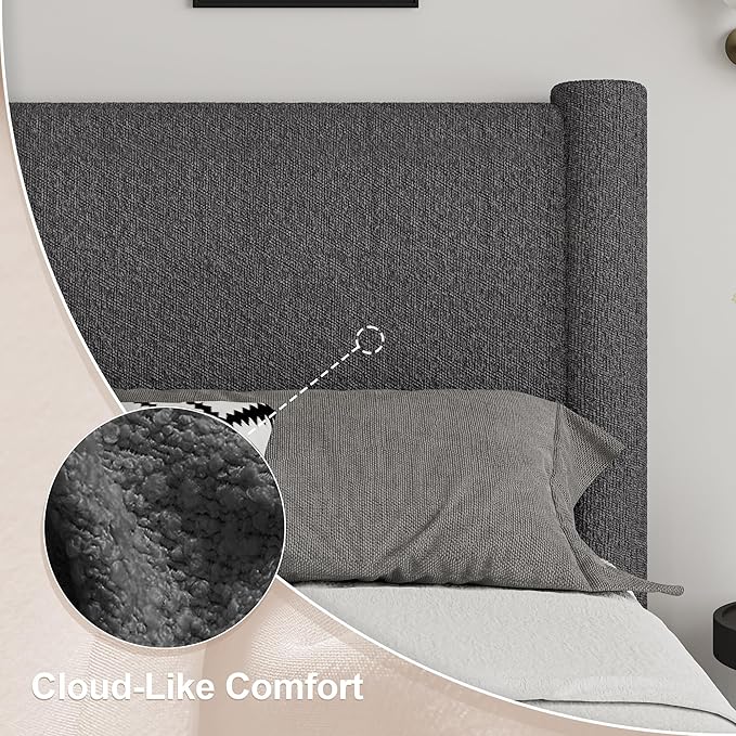 Full Size Bed Frame, Boucle Upholstered Platform Bed with Headboard and Footboard, Soft Rounded Corners, No Box Spring Required, Easy Assembly, Dark Grey